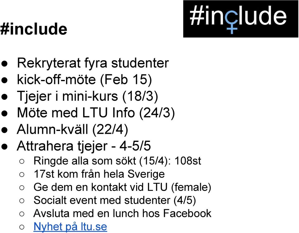 som sökt (15/4): 108st 17st kom från hela Sverige Ge dem en kontakt vid LTU