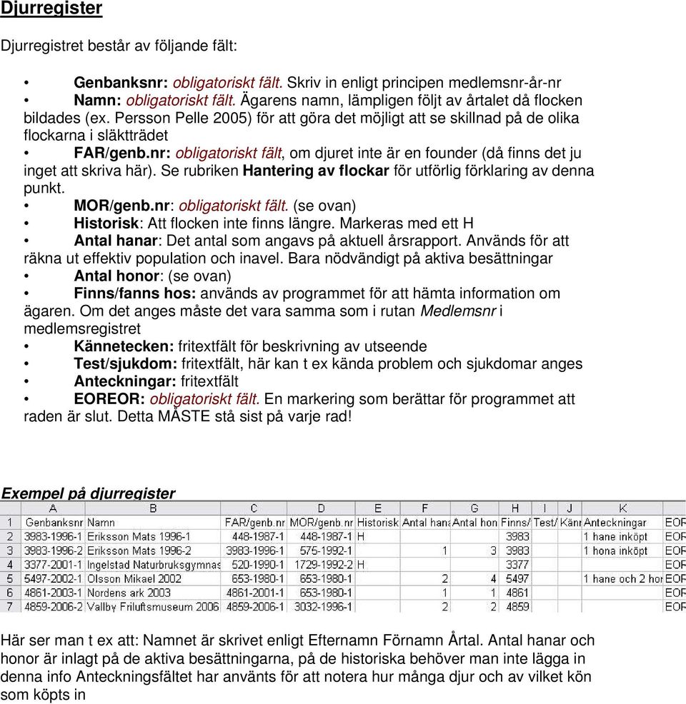 nr: obligatoriskt fält, om djuret inte är en founder (då finns det ju inget att skriva här). Se rubriken Hantering av flockar för utförlig förklaring av denna punkt. MOR/genb.nr: obligatoriskt fält. (se ovan) Historisk: Att flocken inte finns längre.