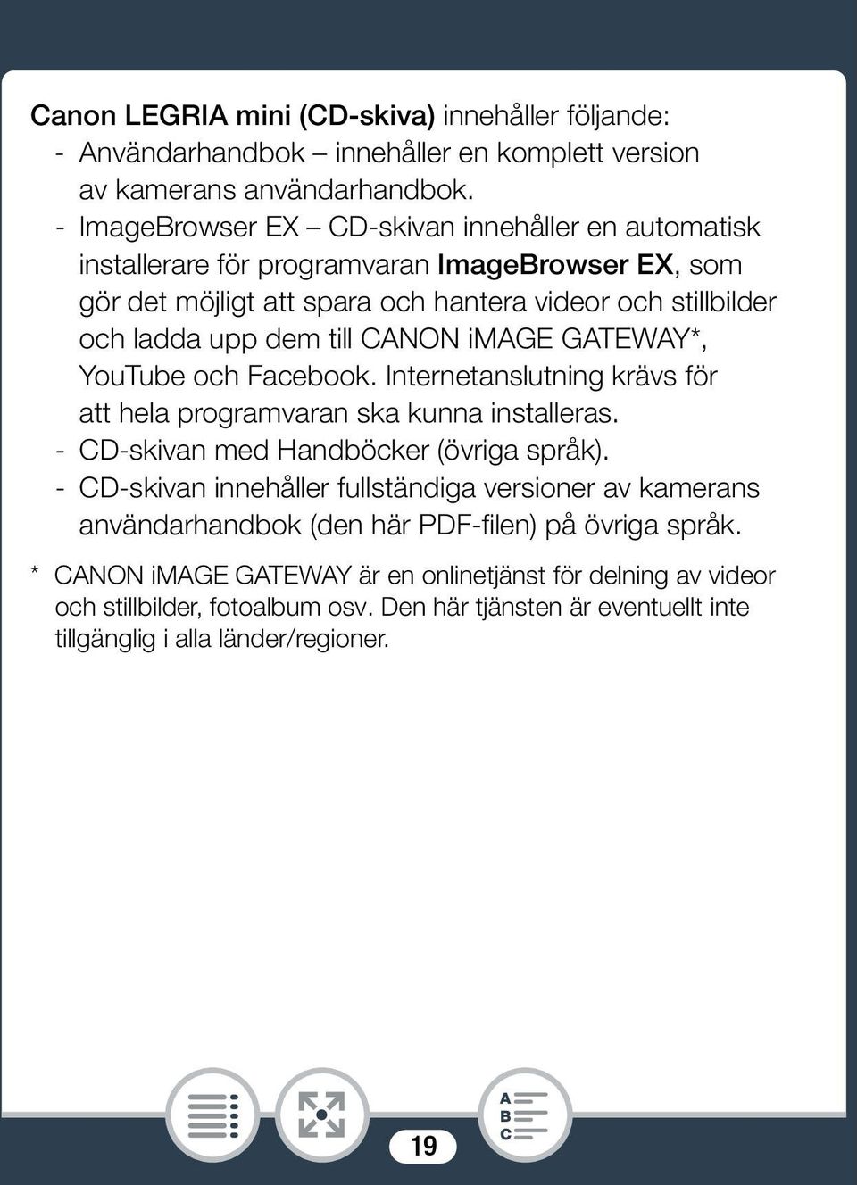 CANON image GATEWAY*, YouTube och Facebook. Internetanslutning krävs för att hela programvaran ska kunna installeras. - CD-skivan med Handböcker (övriga språk).
