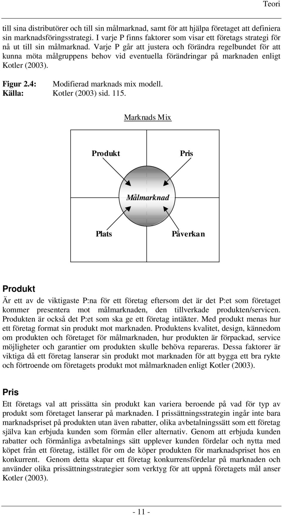 Varje P går att justera och förändra regelbundet för att kunna möta målgruppens behov vid eventuella förändringar på marknaden enligt Kotler (2003). Figur 2.4: Modifierad marknads mix modell.