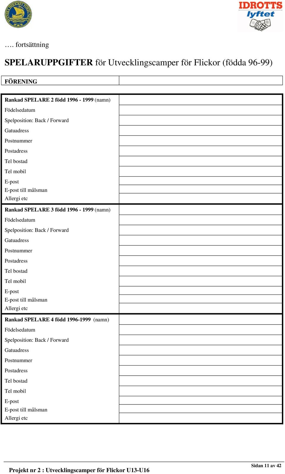 Spelposition: Back / Forward Gatuadress Postnummer Tel bostad Tel mobil till målsman Allergi etc Rankad SPELARE 4 född 1996-1999 (namn) Födelsedatum