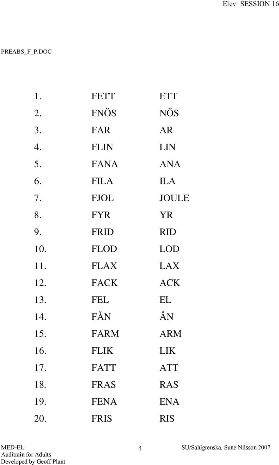 FLOD LOD 11. FLAX LAX 12. FACK ACK 13. FEL EL 14. FÅN ÅN 15.