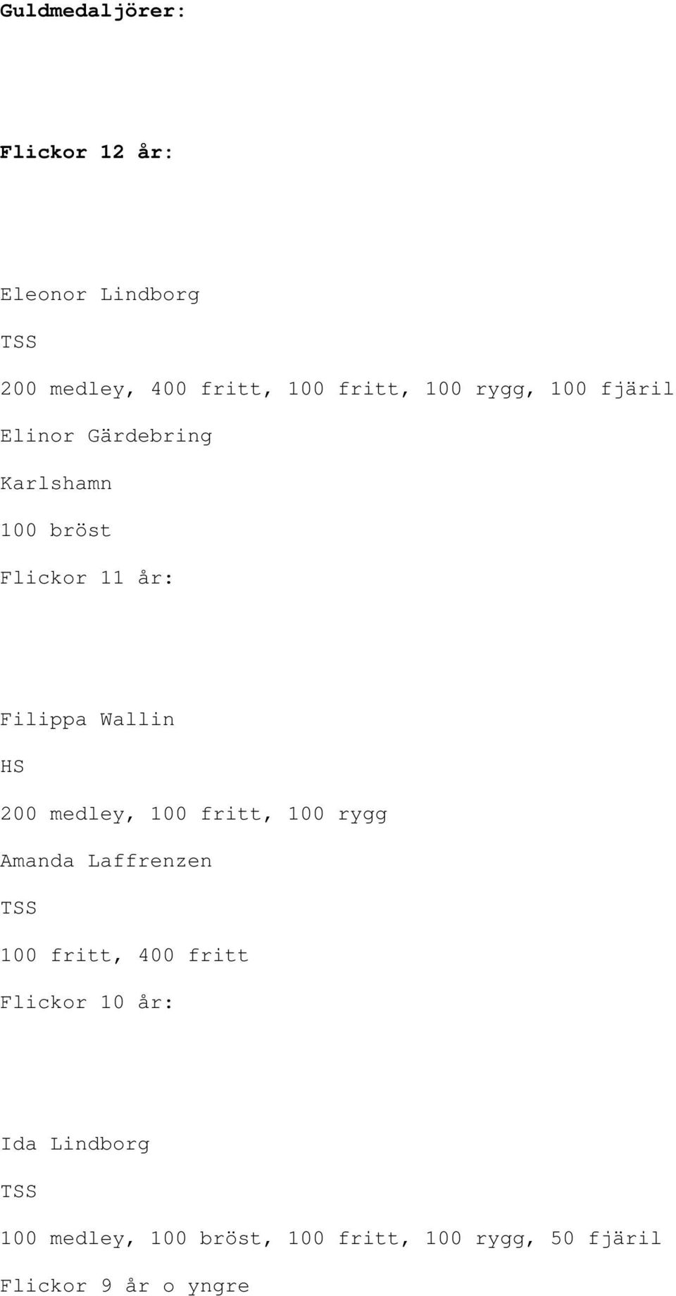 200 medley, 100 fritt, 100 rygg Amanda Laffrenzen TSS 100 fritt, 400 fritt Flickor 10 år: