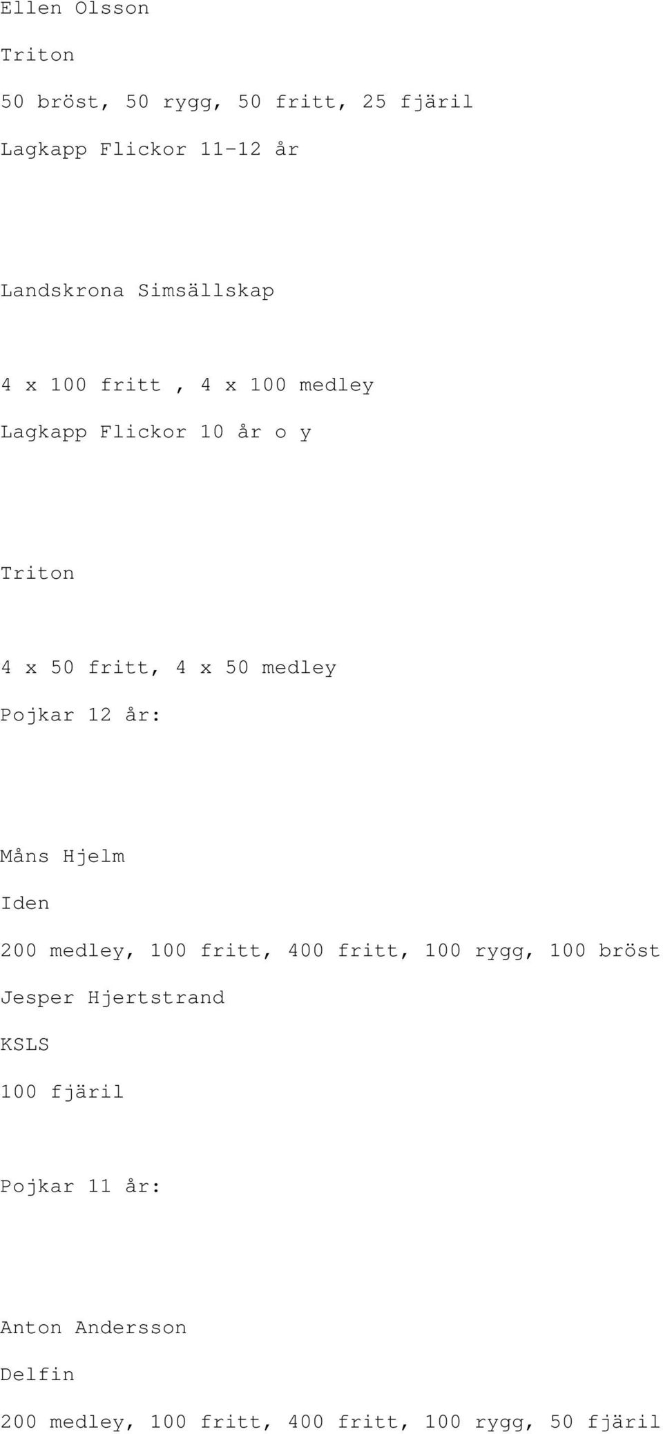medley Pojkar 12 år: Måns Hjelm Iden 200 medley, 100 fritt, 400 fritt, 100 rygg, 100 bröst Jesper