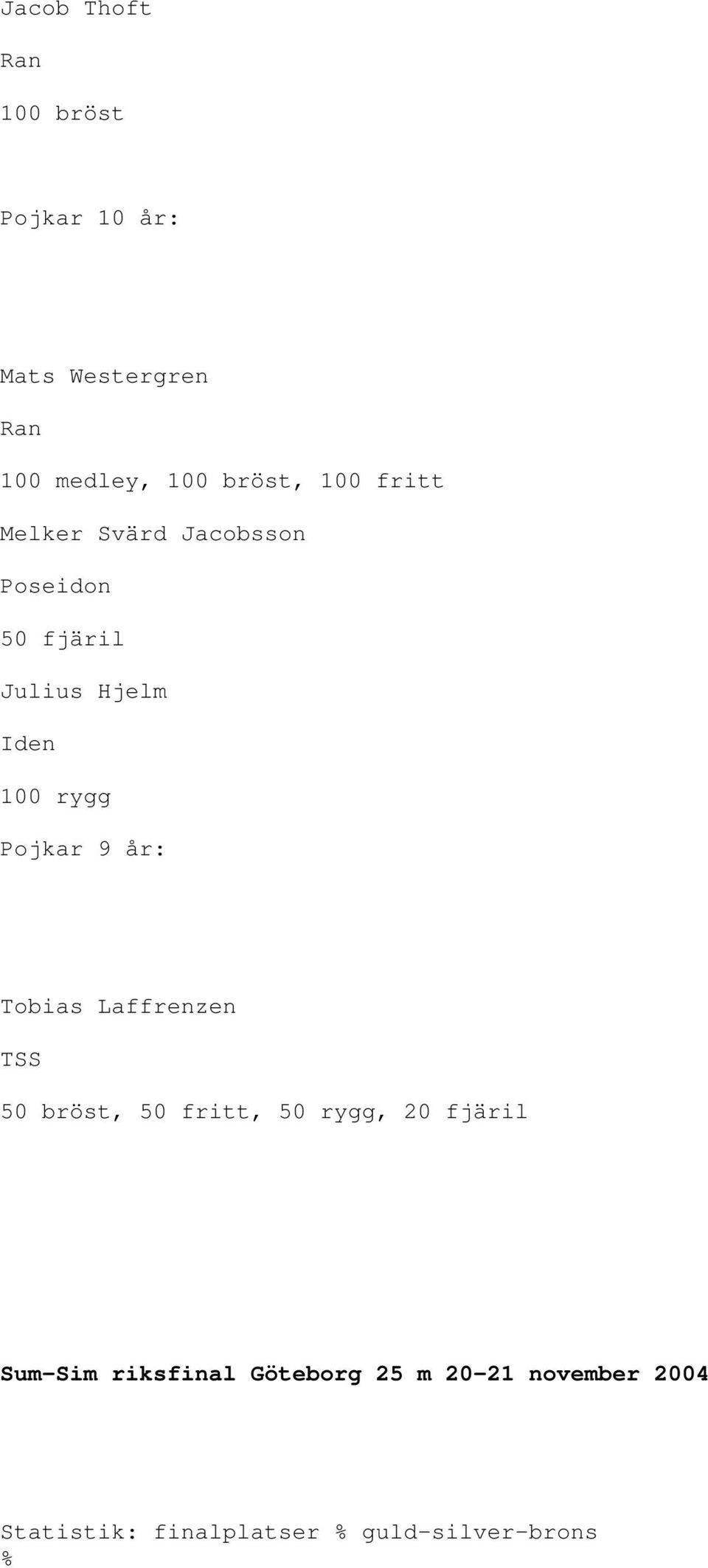 Pojkar 9 år: Tobias Laffrenzen TSS 50 bröst, 50 fritt, 50 rygg, 20 fjäril Sum-Sim
