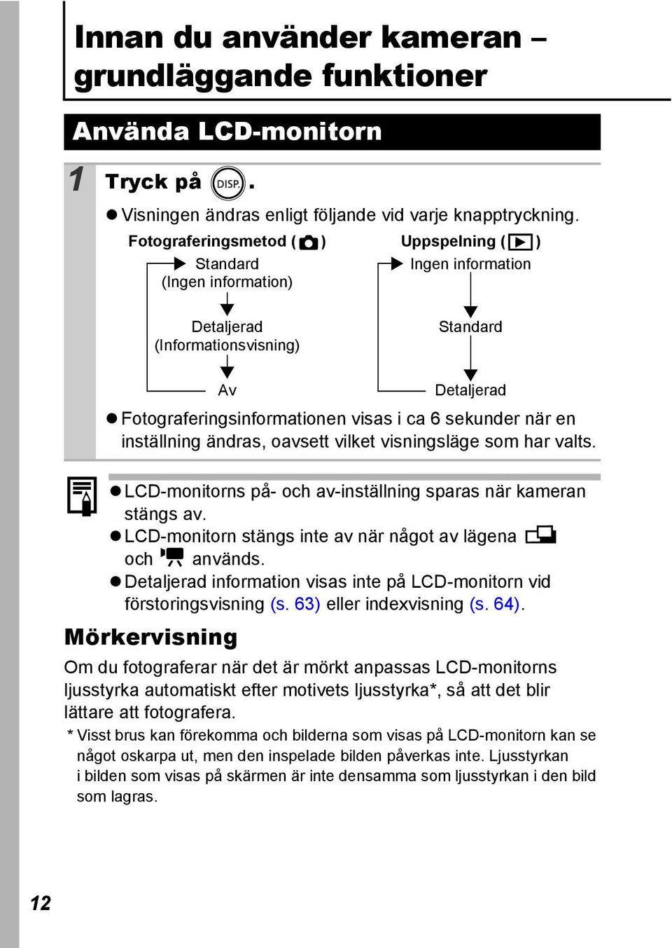 inställning ändras, oavsett vilket visningsläge som har valts. LCD-monitorns på- och av-inställning sparas när kameran stängs av. LCD-monitorn stängs inte av när något av lägena och används.