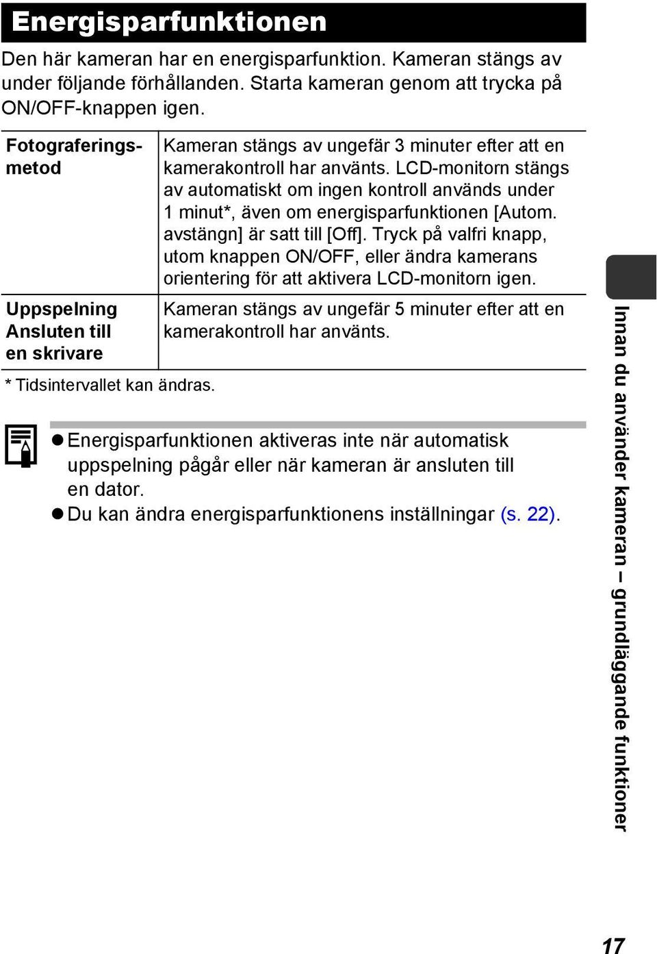 LCD-monitorn stängs av automatiskt om ingen kontroll används under 1 minut*, även om energisparfunktionen [Autom. avstängn] är satt till [Off].