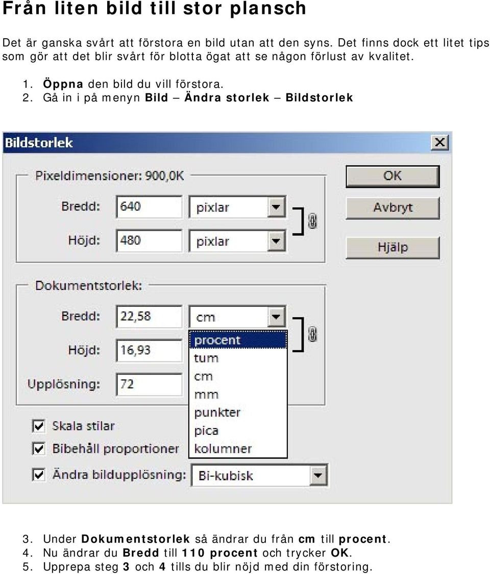 Öppna den bild du vill förstora. 2. Gå in i på menyn Bild Ändra storlek Bildstorlek 3.