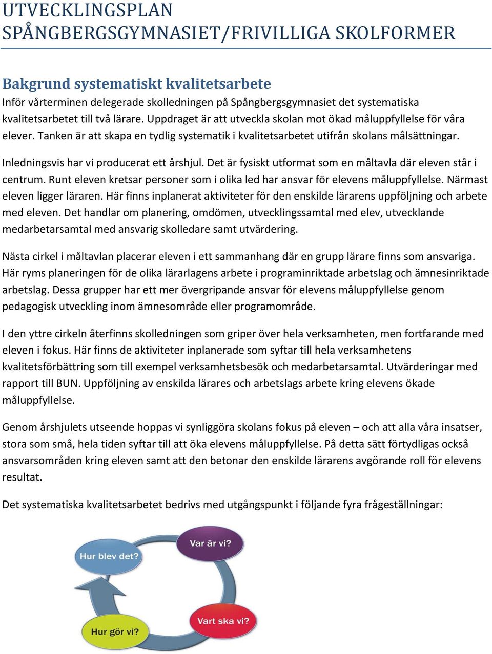 Inledningsvis har vi producerat ett årshjul. Det är fysiskt utformat som en måltavla där eleven står i centrum. Runt eleven kretsar personer som i olika led har ansvar för elevens måluppfyllelse.