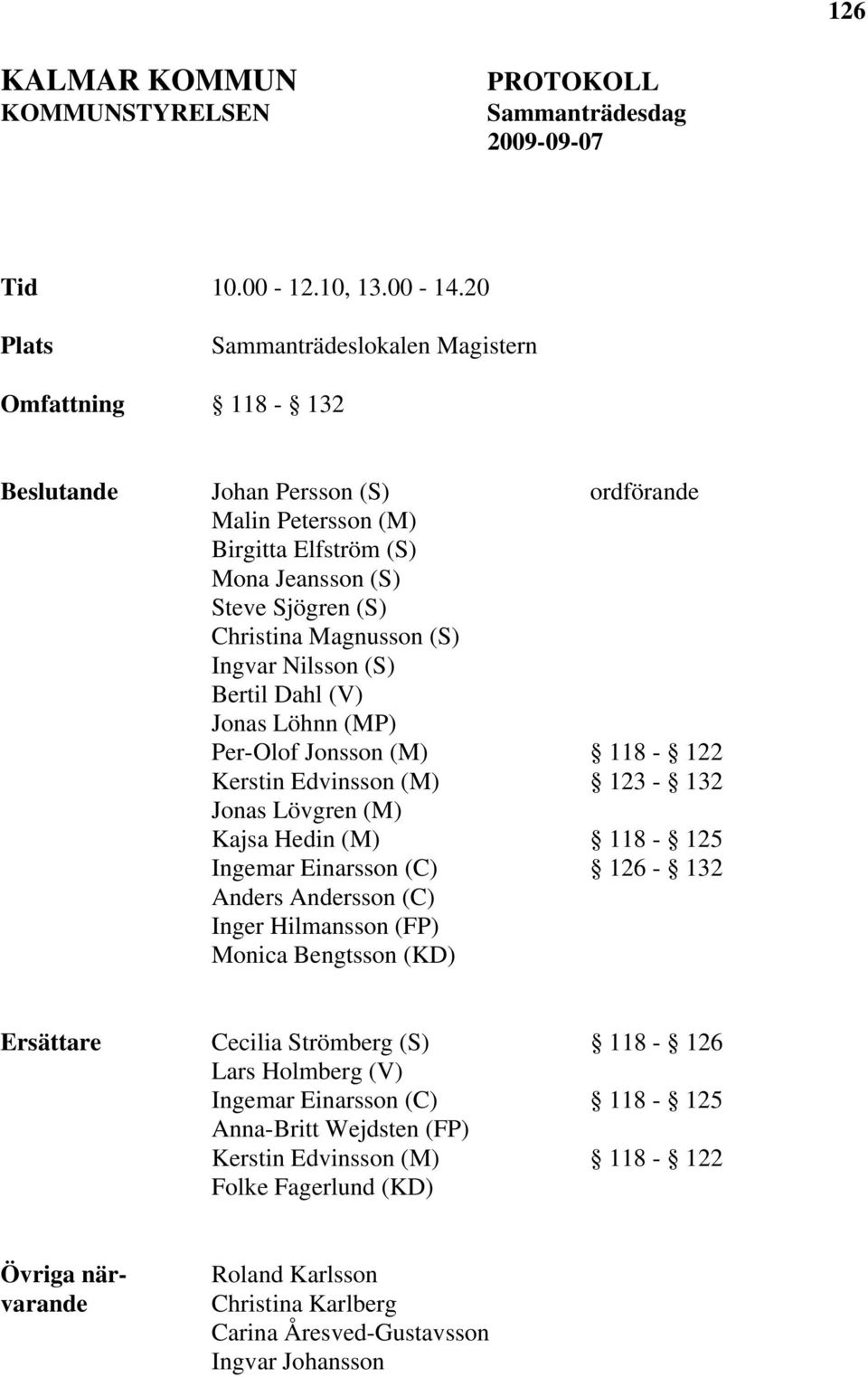 Ingvar Nilsson (S) Bertil Dahl (V) Jonas Löhnn (MP) Per-Olof Jonsson (M) 118-122 Kerstin Edvinsson (M) 123-132 Jonas Lövgren (M) Kajsa Hedin (M) 118-125 Ingemar Einarsson (C) 126-132 Anders Andersson