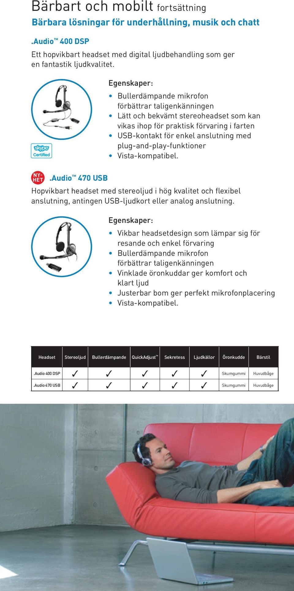 Vista-kompatibel..Audio 470 USB Hopvikbart headset med stereoljud i hög kvalitet och flexibel anslutning, antingen USB-ljudkort eller analog anslutning.
