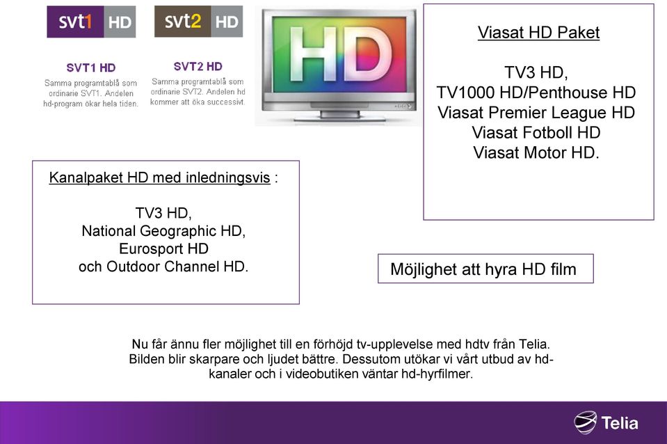 HD. TV3 HD, TV1000 HD/Penthouse HD Viasat Premier League HD Viasat Fotboll HD Viasat Motor HD.