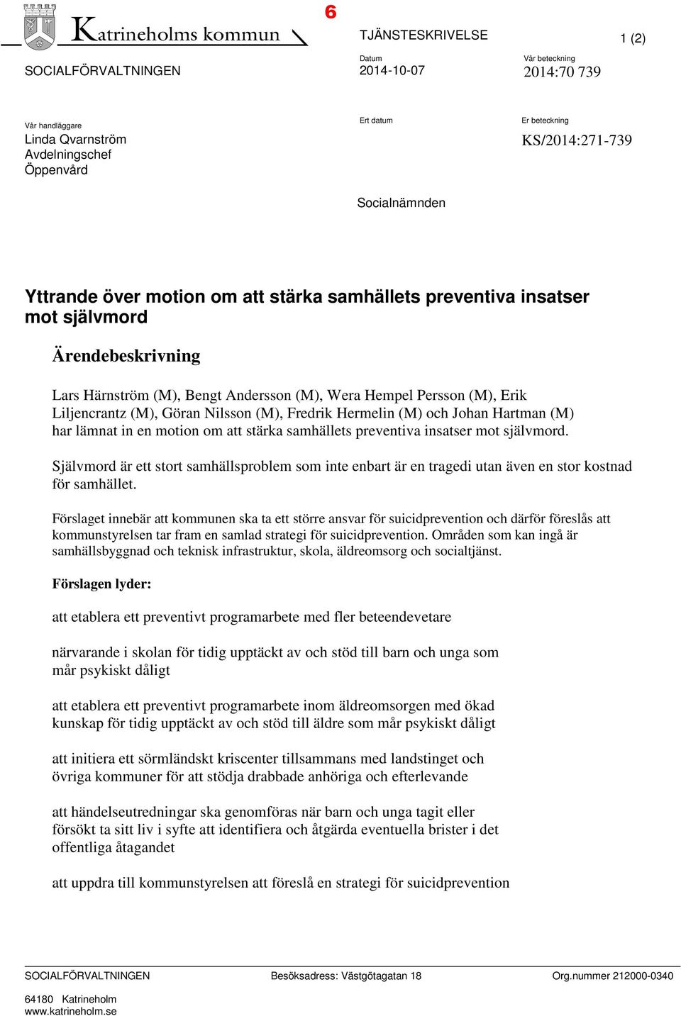 (M), Göran Nilsson (M), Fredrik Hermelin (M) och Johan Hartman (M) har lämnat in en motion om att stärka samhällets preventiva insatser mot självmord.
