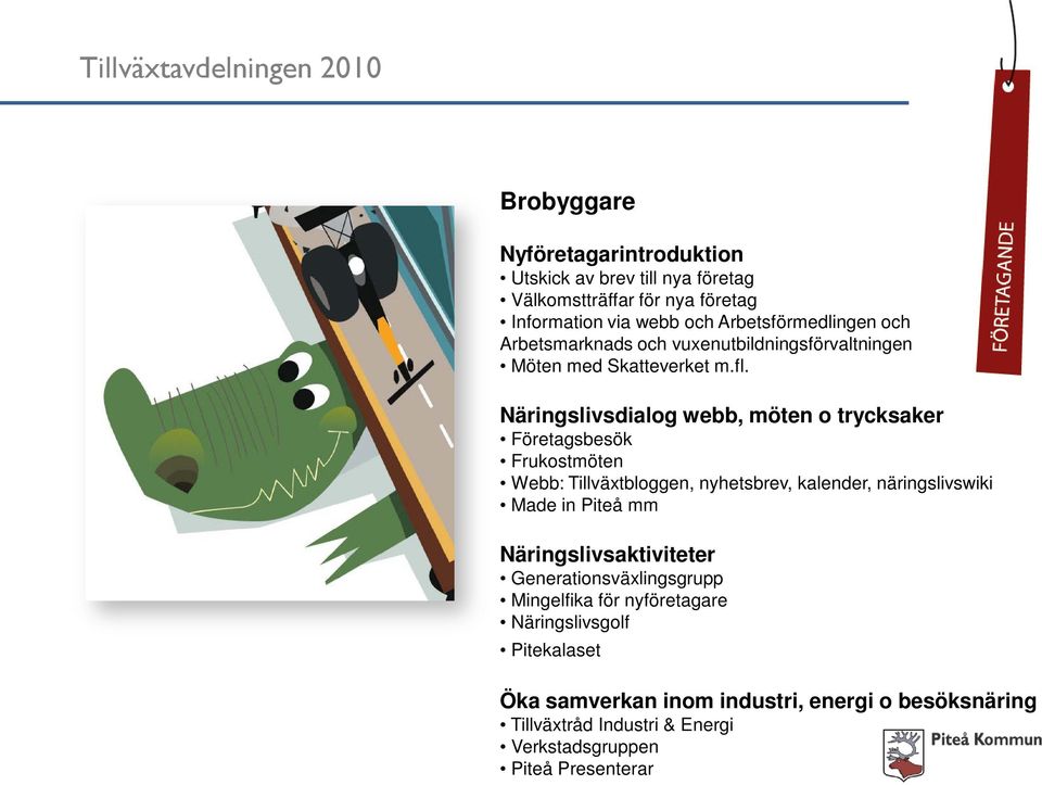 Näringslivsdialog webb, möten o trycksaker Företagsbesök Frukostmöten Webb: Tillväxtbloggen, nyhetsbrev, kalender, näringslivswiki Made in Piteå mm