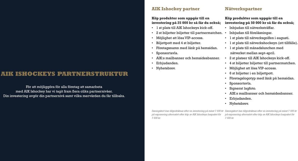 AIK Ishockey partner Köp produkter som uppgår till en investering på 25 000 kr så får du också; 1 st plats till AIK Ishockeys kick-off. 2 st biljetter biljetter till partnermatchen.