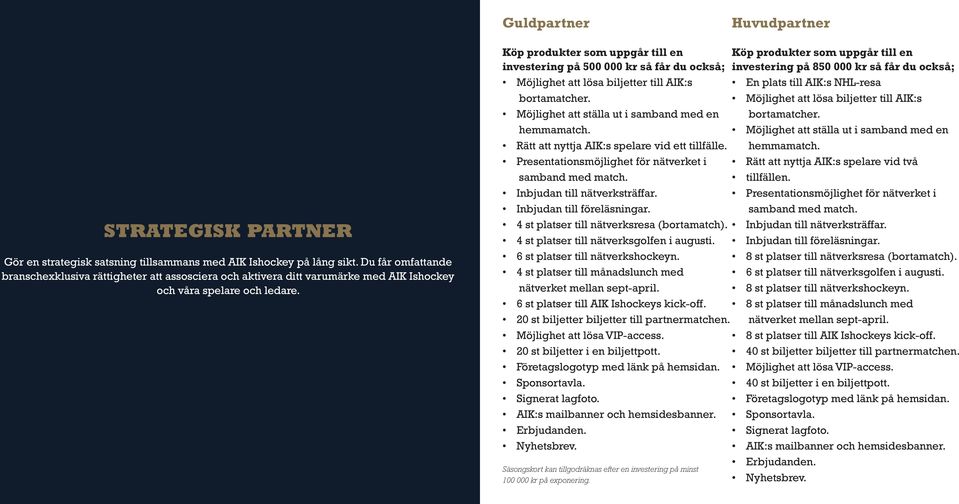 Köp produkter som uppgår till en investering på 500 000 kr så får du också; Möjlighet att lösa biljetter till AIK:s bortamatcher. Möjlighet att ställa ut i samband med en hemmamatch.