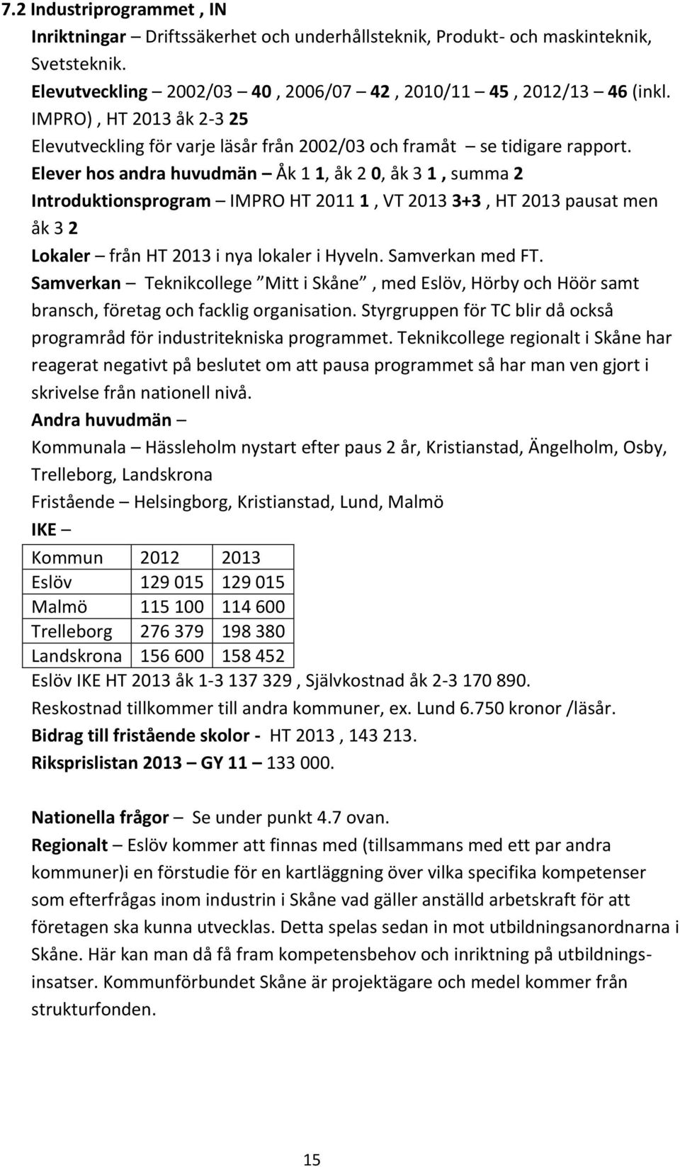 Elever hos andra huvudmän Åk 1 1, åk 2 0, åk 3 1, summa 2 Introduktionsprogram IMPRO HT 2011 1, VT 2013 3+3, HT 2013 pausat men åk 3 2 Lokaler från HT 2013 i nya lokaler i Hyveln. Samverkan med FT.