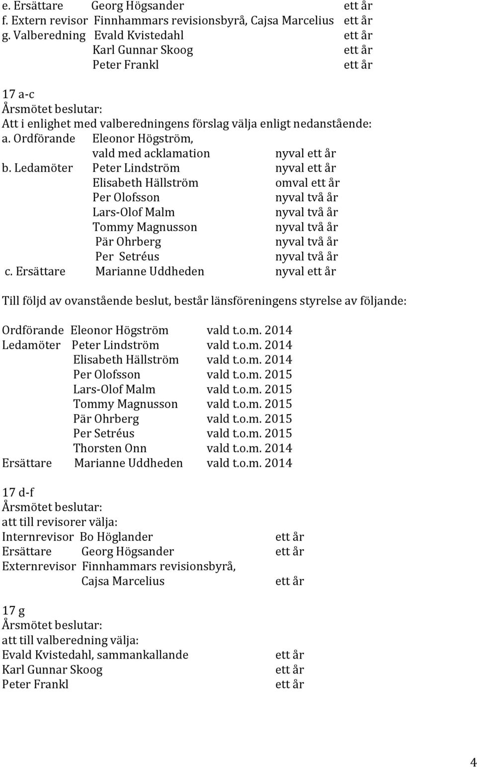 Ledamöter Peter Lindström nyval Elisabeth Hällström omval Per Olofsson Lars-Olof Malm Tommy Magnusson Pär Ohrberg Per Setréus c.