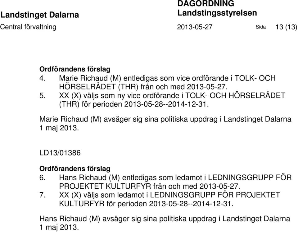 XX (X) väljs som ny vice ordförande i TOLK- OCH HÖRSELRÅDET (THR) för perioden 2013-05-28--2014-12-31.