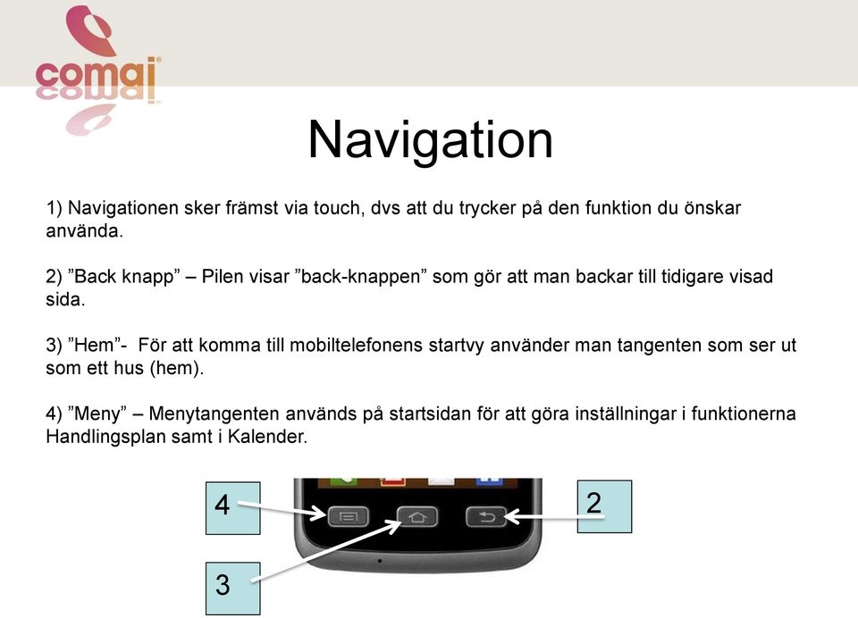 3) Hem - För att komma till mobiltelefonens startvy använder man tangenten som ser ut som ett hus (hem).