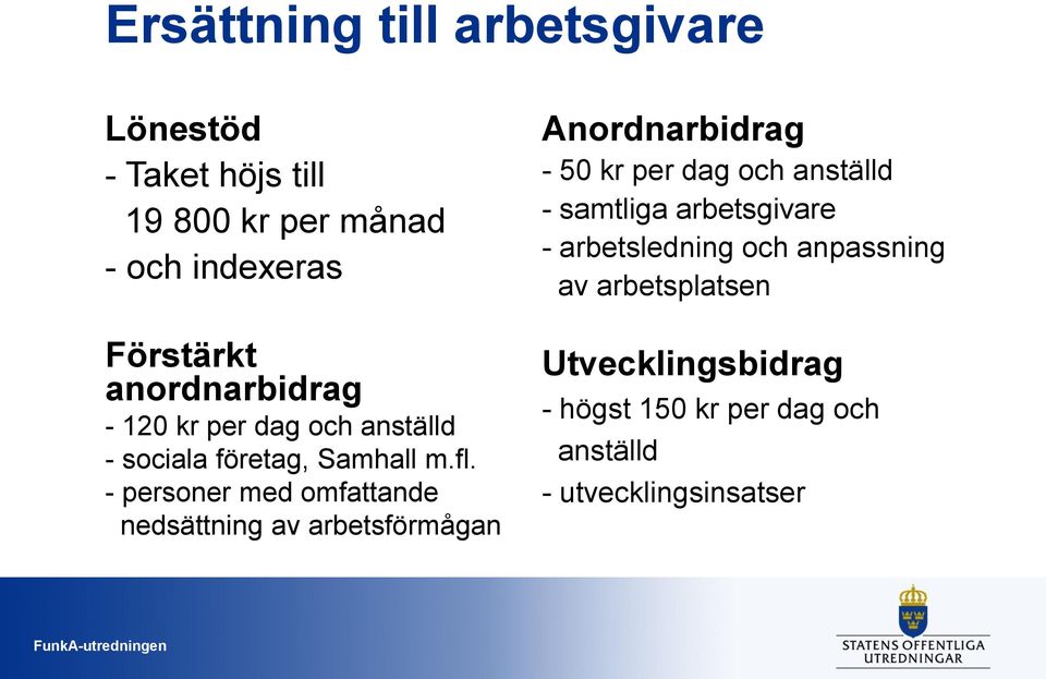 - personer med omfattande nedsättning av arbetsförmågan Anordnarbidrag - 50 kr per dag och anställd -