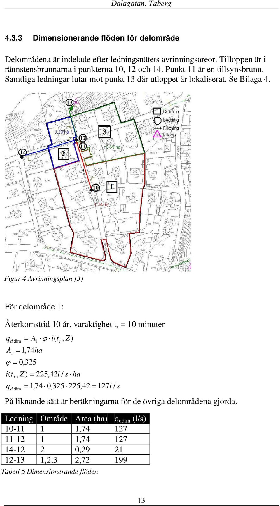 Figur 4 Avrinningsplan [3] För delområde 1: Återkomsttid 10 år, varaktighet t r = 10 minuter qd dim = A1 ϕ i( tr, Z) A1 = 1,74ha ϕ = 0,325 i( tr, Z) = 225,42l / s ha q = 1,74