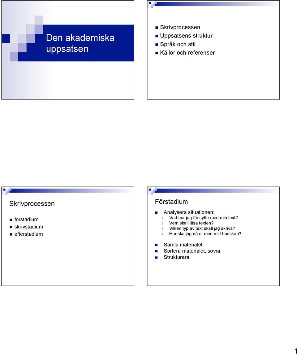 situationen: 1. Vad har jag för syfte med min text? 2. Vem skall läsa texten? 3.