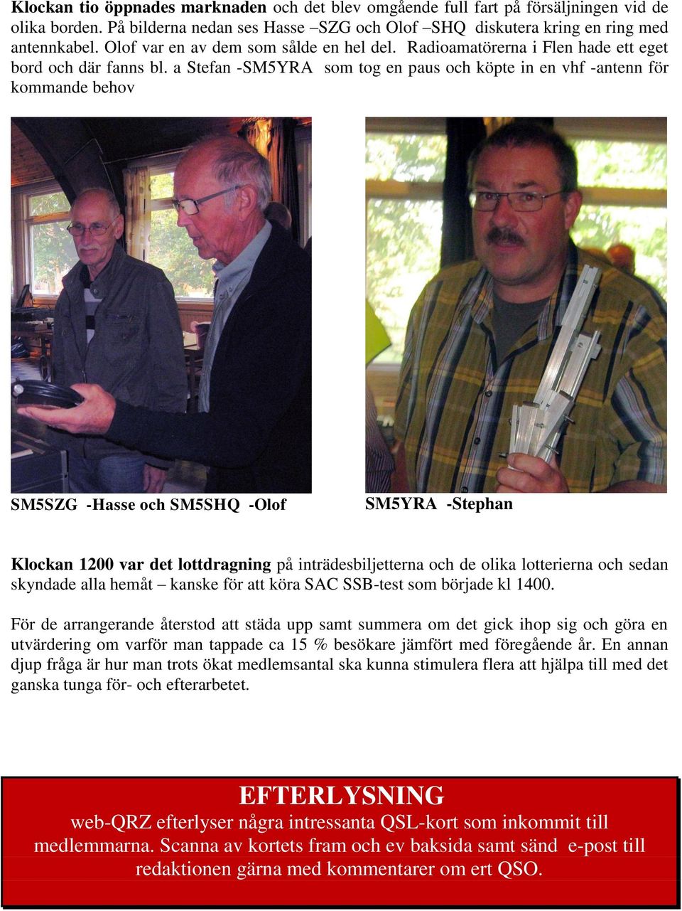 a Stefan -SM5YRA som tog en paus och köpte in en vhf -antenn för kommande behov SM5SZG -Hasse och SM5SHQ -Olof SM5YRA -Stephan Klockan 1200 var det lottdragning på inträdesbiljetterna och de olika