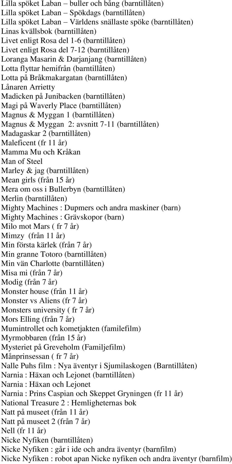 Arrietty Madicken på Junibacken (barntillåten) Magi på Waverly Place (barntillåten) Magnus & Myggan 1 (barntillåten) Magnus & Myggan 2: avsnitt 7-11 (barntillåten) Madagaskar 2 (barntillåten)