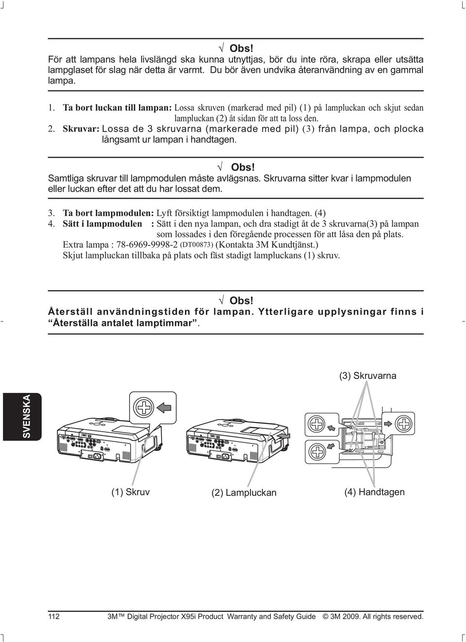 Skruvar: Lossa de 3 skruvarna (markerade med pil) (3) från lampa, och plocka långsamt ur lampan i handtagen. Obs! Samtliga skruvar till lampmodulen måste avlägsnas.