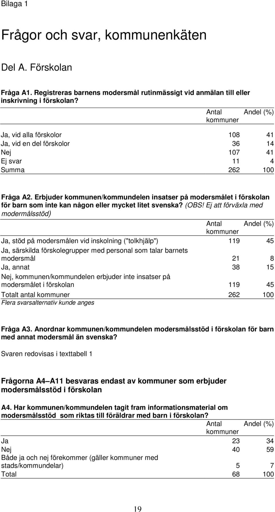 Erbjuder kommunen/kommundelen insatser på modersmålet i förskolan för barn som inte kan någon eller mycket litet svenska? (OBS!