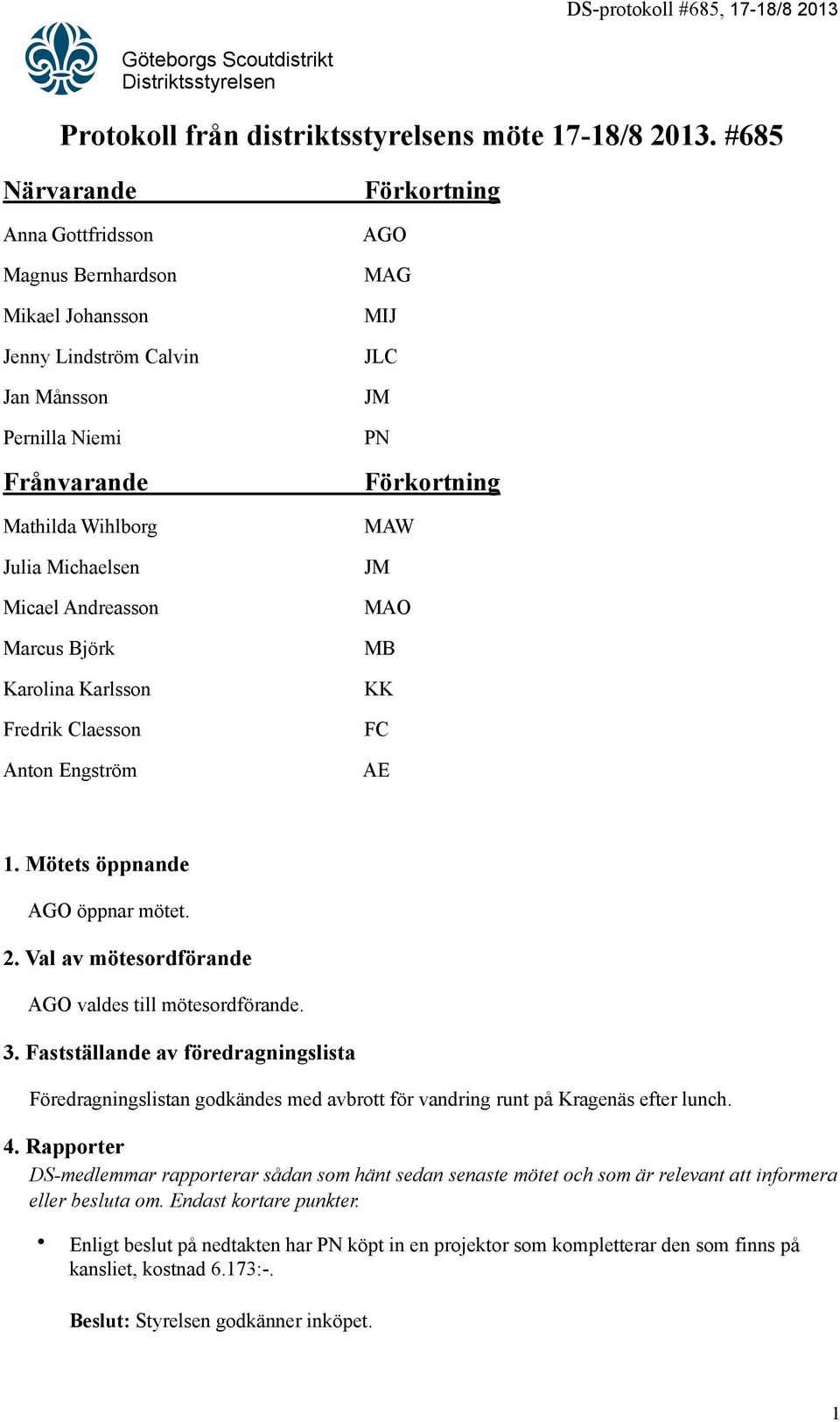 Karolina Karlsson Fredrik Claesson Anton Engström Förkortning AGO MAG MIJ JLC JM PN Förkortning MAW JM MAO MB KK FC AE 1. Mötets öppnande AGO öppnar mötet. 2.