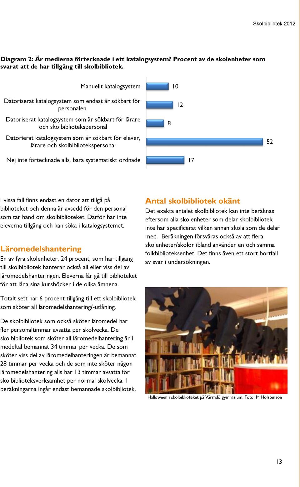 sökbart för elever, lärare och skolbibliotekspersonal 8 10 12 52 Nej inte förtecknade alls, bara systematiskt ordnade 17 I vissa fall finns endast en dator att tillgå på biblioteket och denna är