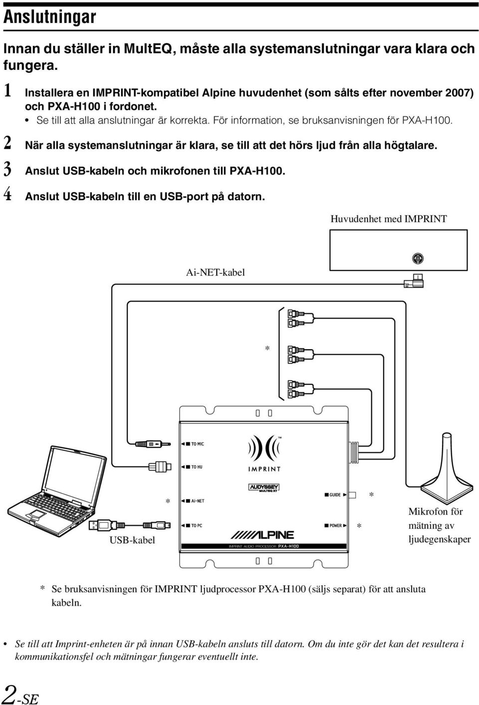 För information, se bruksanvisningen för PXA-H100. 2 När alla systemanslutningar är klara, se till att det hörs ljud från alla högtalare. 3 Anslut USB-kabeln och mikrofonen till PXA-H100.