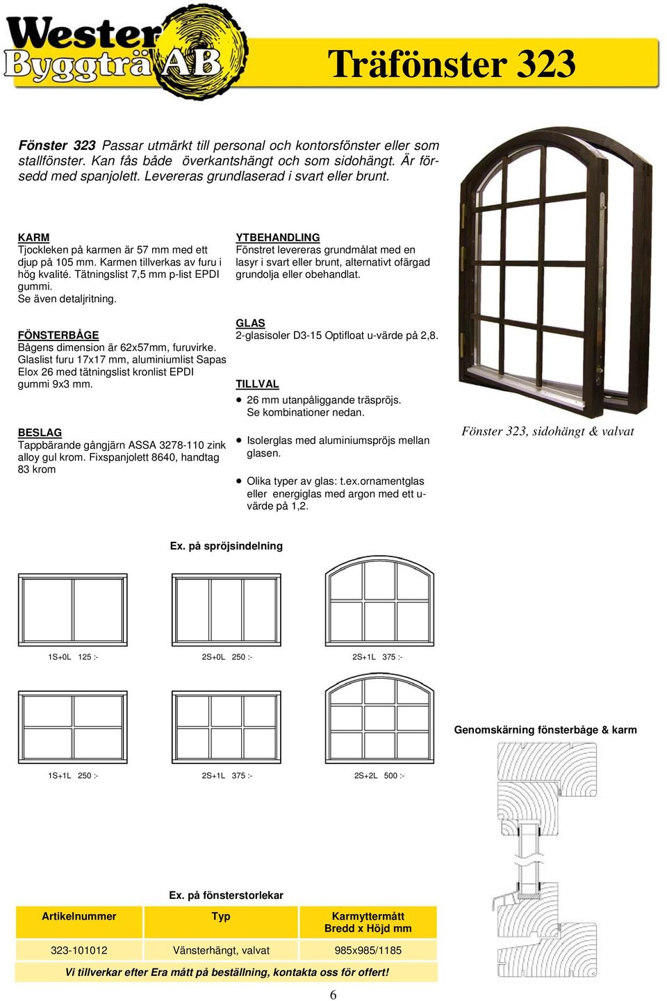 Se även detaljritning. YTBEHANDLING Fönstret levereras grundmålat med en lasyr i svart eller brunt, alternativt ofärgad grundolja eller obehandlat. FÖNSTERBÅGE Bågens dimension är 62x57mm, furuvirke.