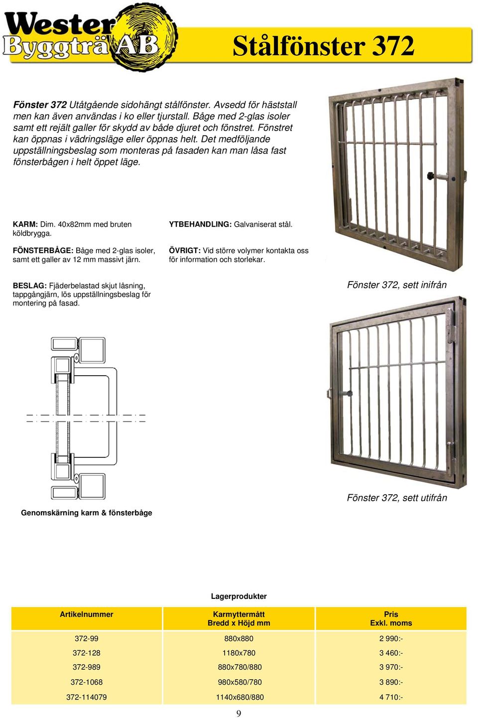 Det medföljande uppställningsbeslag som monteras på fasaden kan man låsa fast fönsterbågen i helt öppet läge. KARM: Dim. 40x82mm med bruten köldbrygga.