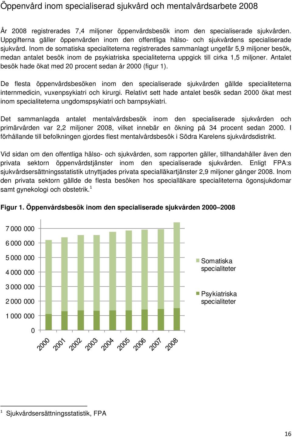 Inom de somatiska specialiteterna registrerades sammanlagt ungefär 5,9 miljoner besök, medan antalet besök inom de psykiatriska specialiteterna uppgick till cirka 1,5 miljoner.