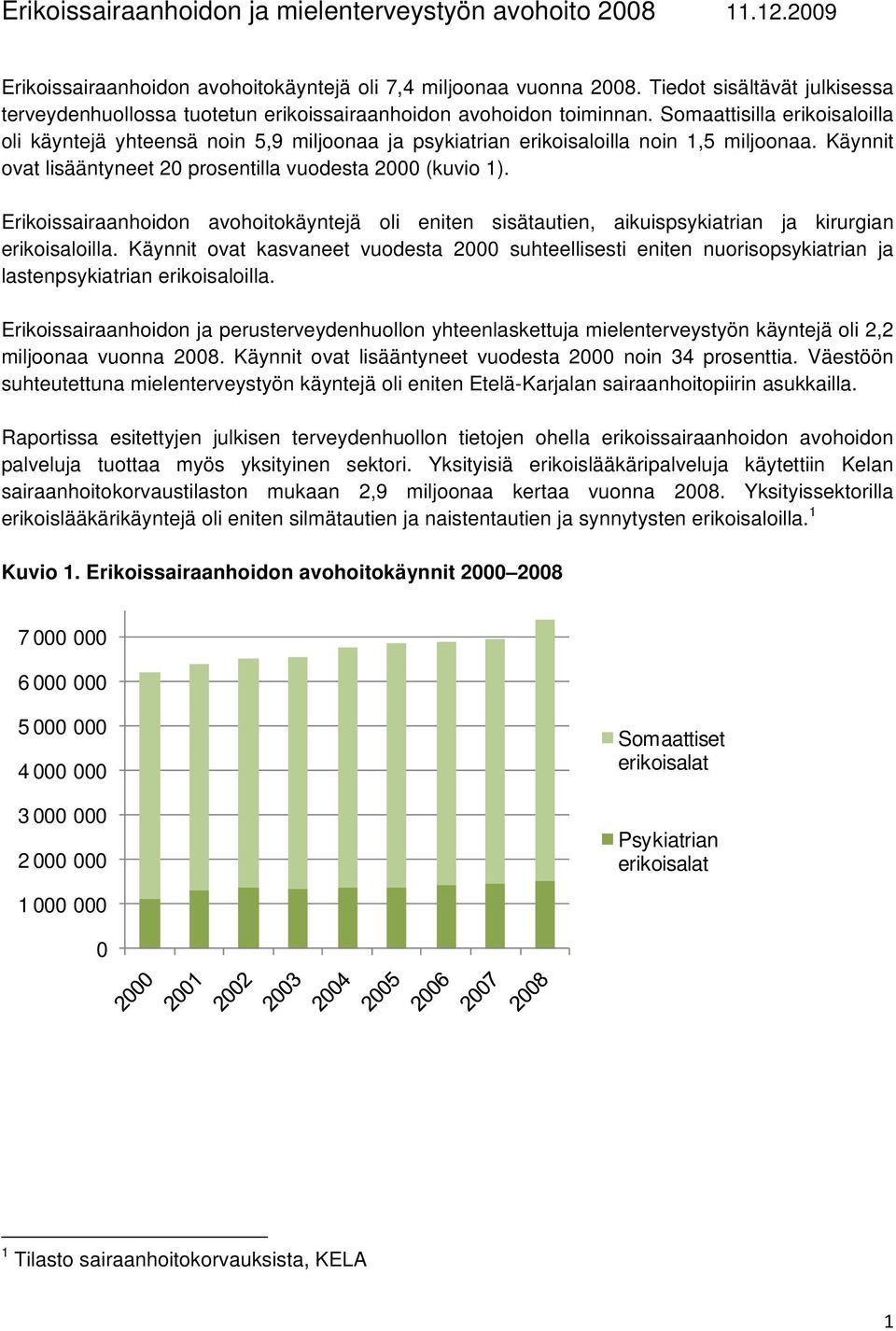 Somaattisilla erikoisaloilla oli käyntejä yhteensä noin 5,9 miljoonaa ja psykiatrian erikoisaloilla noin 1,5 miljoonaa. Käynnit ovat lisääntyneet 2 prosentilla vuodesta 2 (kuvio 1).