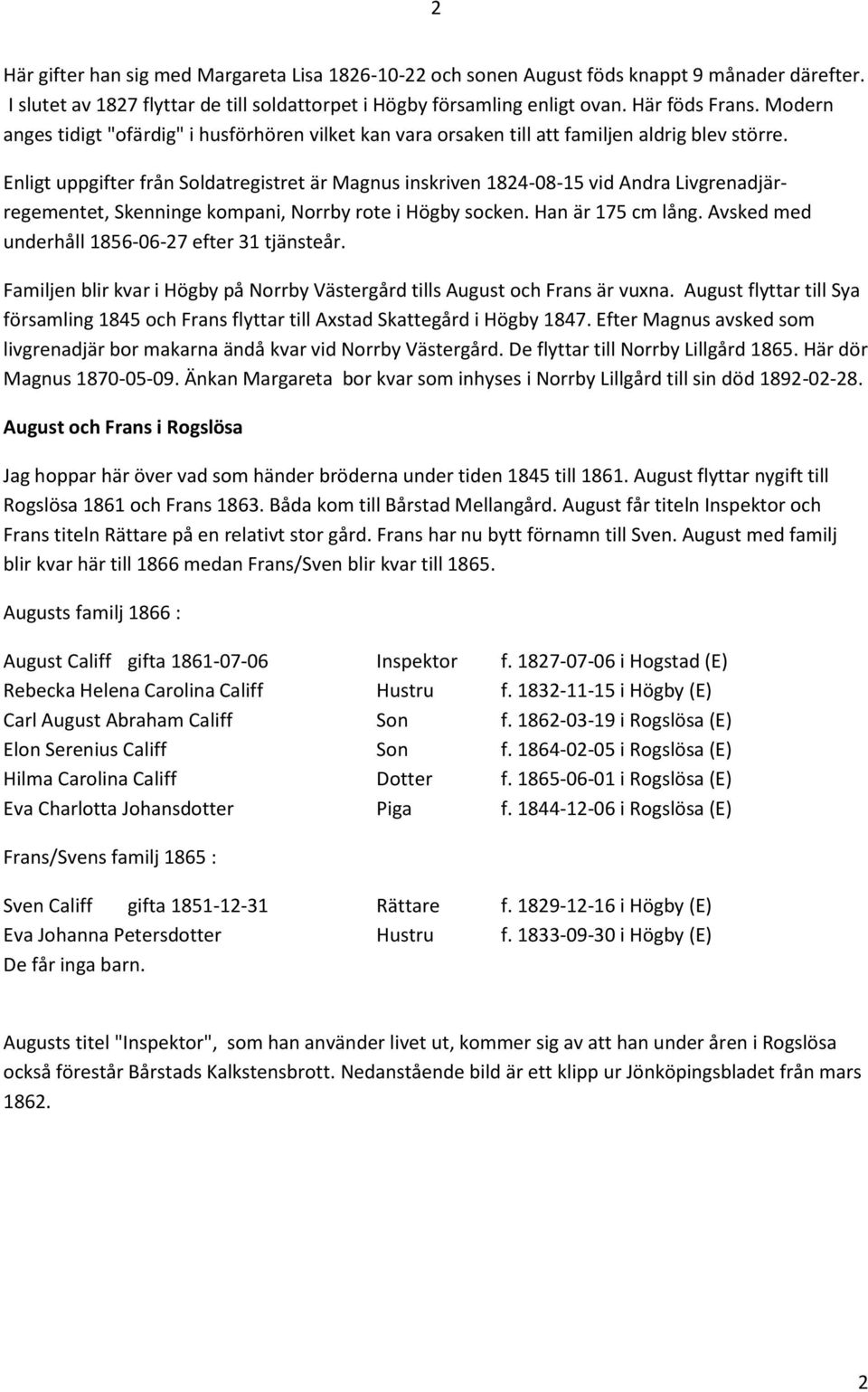 Enligt uppgifter från Soldatregistret är Magnus inskriven 1824-08-15 vid Andra Livgrenadjärregementet, Skenninge kompani, Norrby rote i Högby socken. Han är 175 cm lång.
