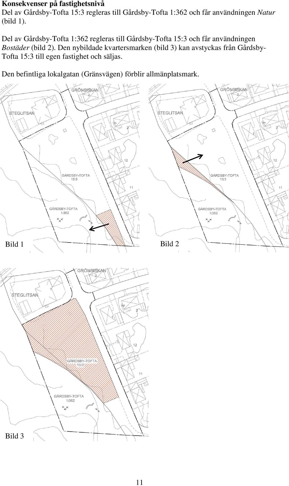 Del av Gårdsby-Tofta 1:362 regleras till Gårdsby-Tofta 15:3 och får användningen Bostäder (bild 2).