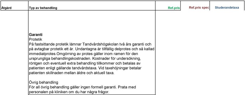 Kostnader för undersökning, röntgen och eventuell extra behandling tillkommer och betalas av patienten enligt gällande tandvårdstaxa.