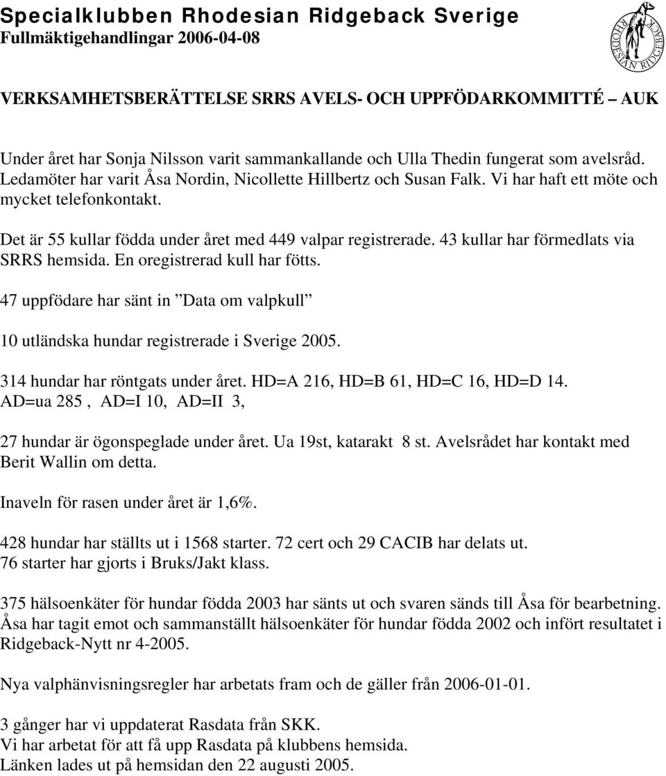 43 kullar har förmedlats via SRRS hemsida. En oregistrerad kull har fötts. 47 uppfödare har sänt in Data om valpkull 10 utländska hundar registrerade i Sverige 2005.