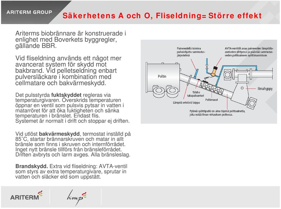 Det pulsstyrda fuktskyddet regleras via temperaturgivaren. Överskrids temperaturen öppnar en ventil som pulsvis pytsar in vatten i matarröret för att öka fuktigheten och sänka temperaturen i bränslet.