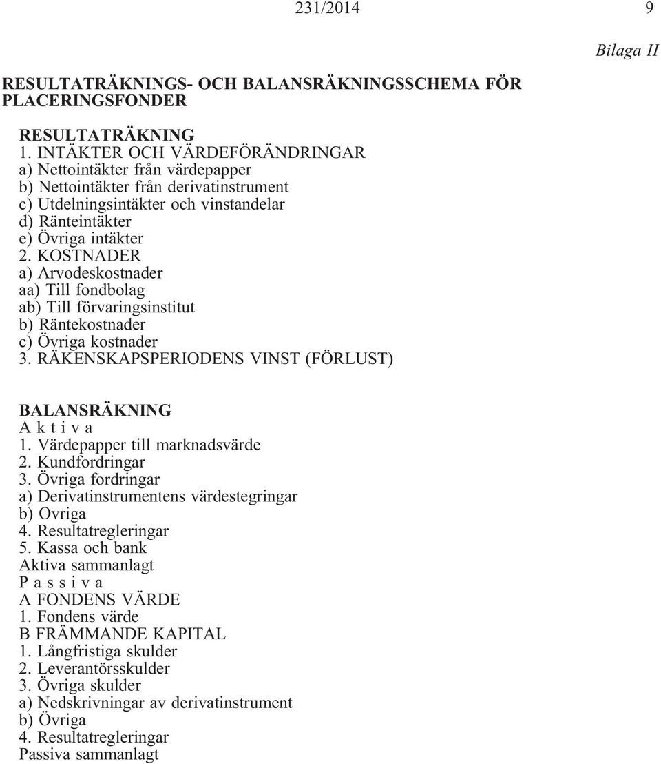 KOSTNADER a) Arvodeskostnader aa) Till fondbolag ab) Till förvaringsinstitut b) Räntekostnader c) kostnader 3. RÄKENSKAPSPERIODENS VINST (FÖRLUST) BALANSRÄKNING Aktiva 1.