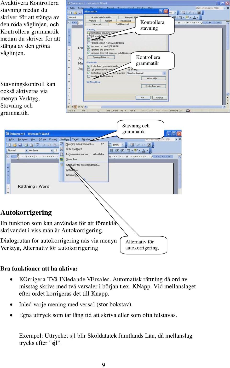 Stavning och grammatik Autokorrigering En funktion som kan användas för att förenkla skrivandet i viss mån är Autokorrigering.