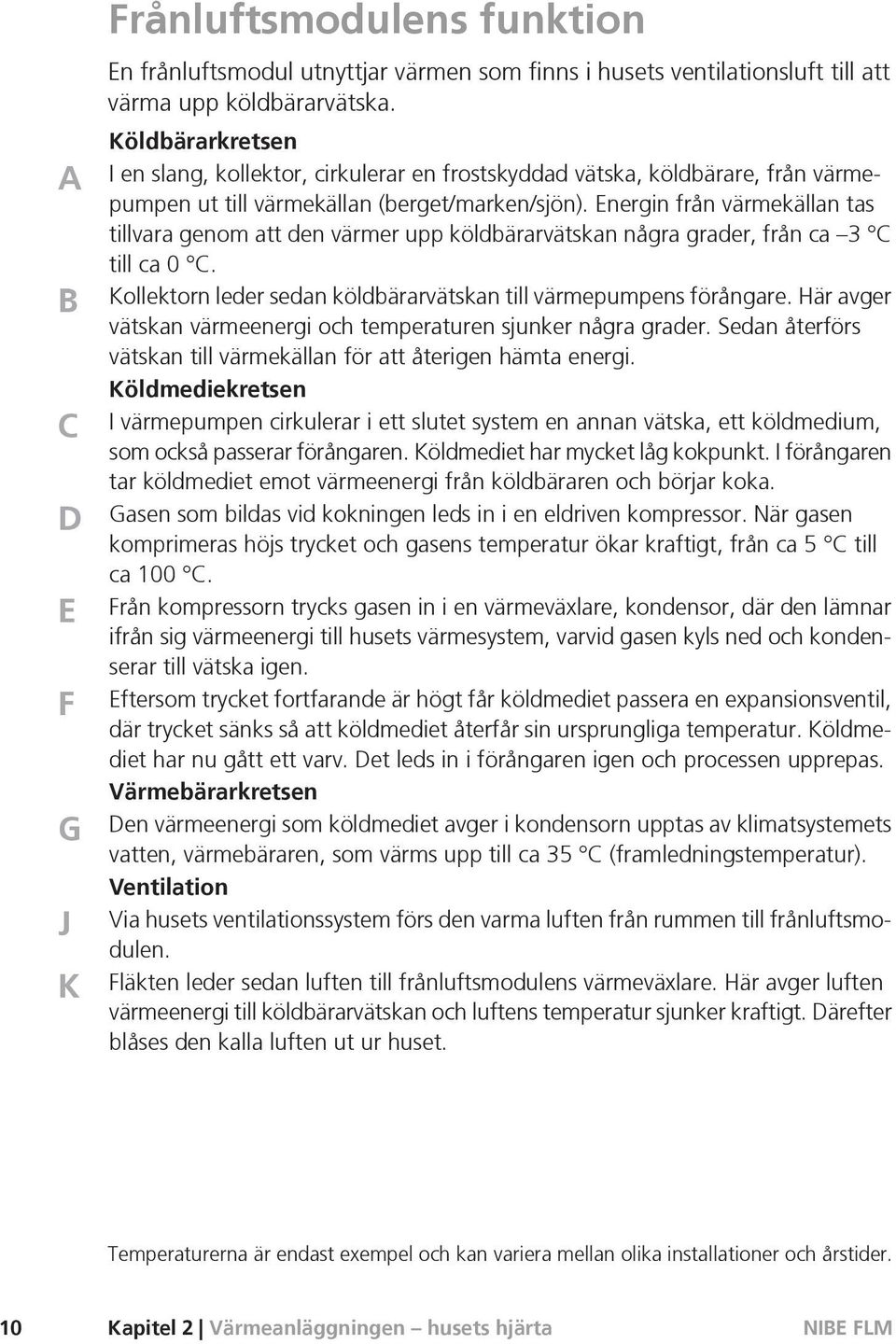 Energin från värmekällan tas tillvara genom att den värmer upp köldbärarvätskan några grader, från ca 3 C till ca 0 C. Kollektorn leder sedan köldbärarvätskan till värmepumpens förångare.