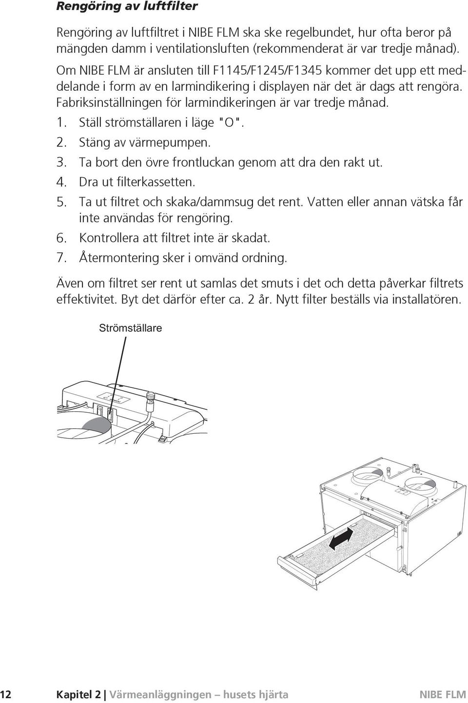1. Ställ strömställaren i läge "O". 2. Stäng av värmepumpen. 3. Ta bort den övre frontluckan genom att dra den rakt ut. 4. Dra ut filterkassetten. 5. Ta ut filtret och skaka/dammsug det rent.