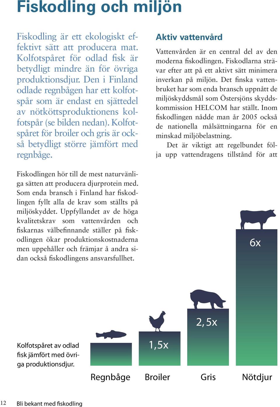 Kolfotspåret för broiler och gris är också betydligt större jämfört med regnbåge. Fiskodlingen hör till de mest naturvänliga sätten att producera djurprotein med.