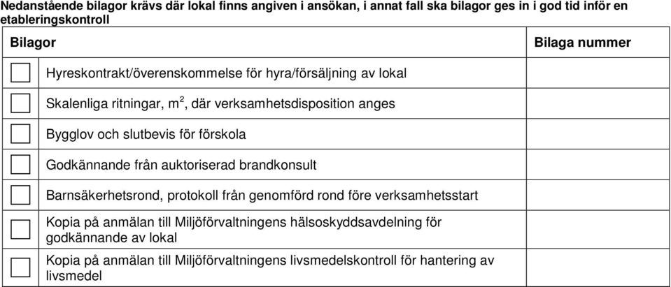 förskola Godkännande från auktoriserad brandkonsult Barnsäkerhetsrond, protokoll från genomförd rond före verksamhetsstart Kopia på anmälan till