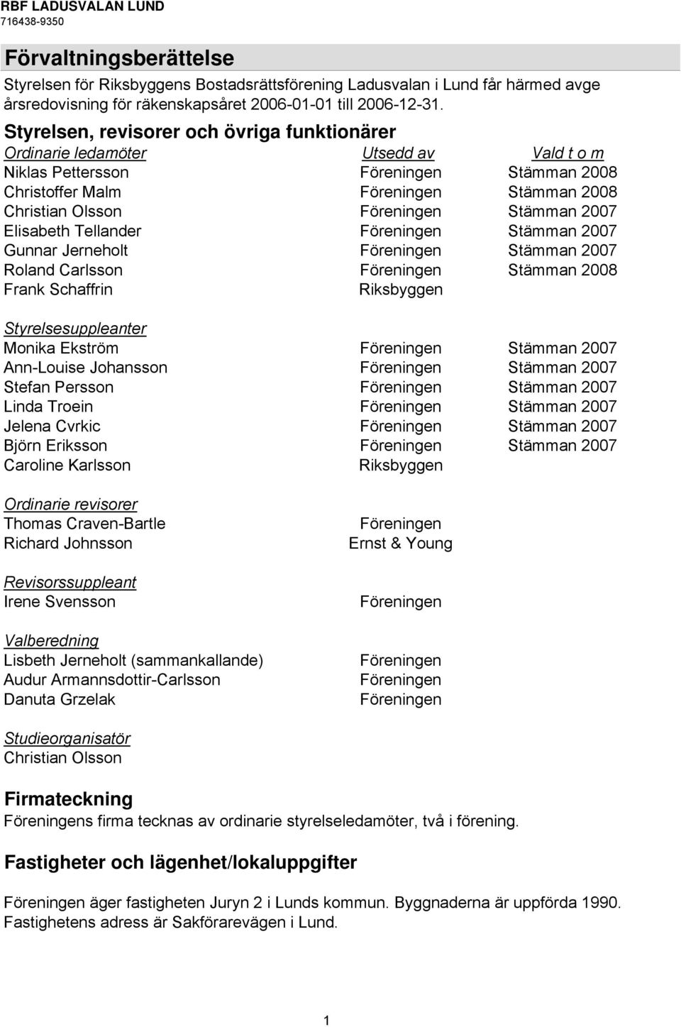 Stämman 2007 Elisabeth Tellander Föreningen Stämman 2007 Gunnar Jerneholt Föreningen Stämman 2007 Roland Carlsson Föreningen Stämman 2008 Frank Schaffrin Riksbyggen Styrelsesuppleanter Monika Ekström